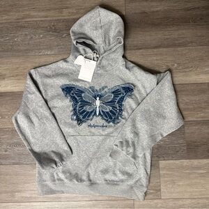 Unisex Aelfric Eden Butterfly Pullover Hoodie Sweatshirt Blue Gray Denim Small S